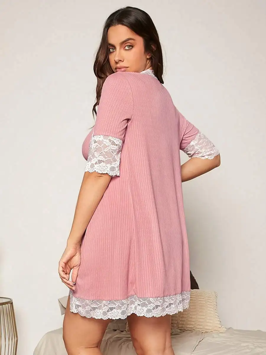 

Pink Ribbed Lace Trim Nightgown With Short Sleeves For Women