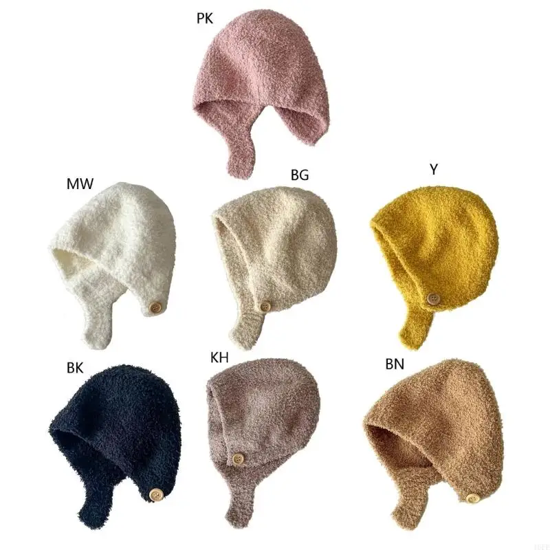 

16FE Ear Protections Hat Unique Chin Button Toddlers Knitted Hat for Winter Outdoor