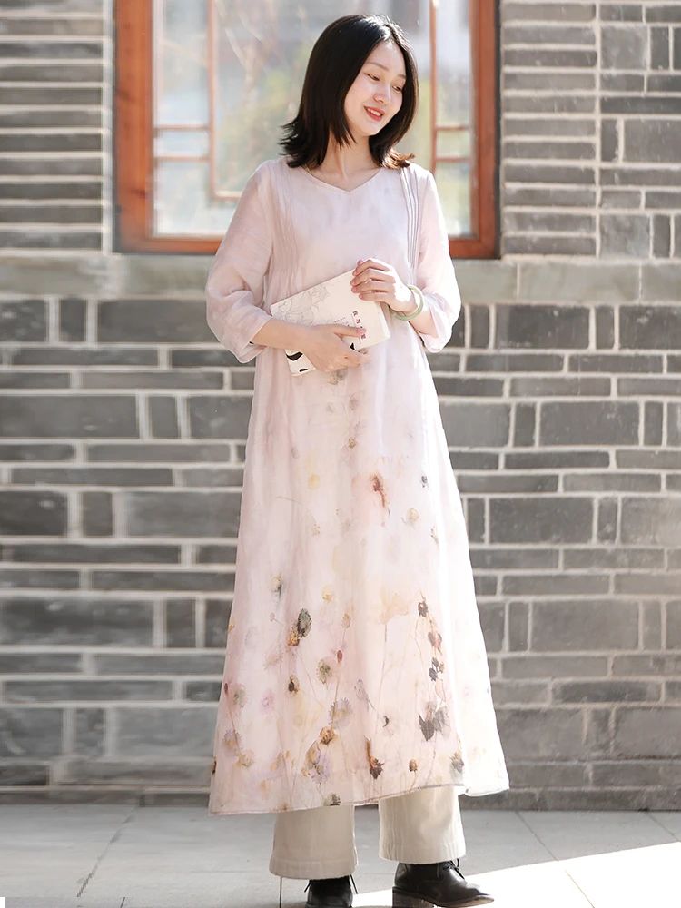 

Новинка! Женское художественное льняное платье свободного кроя с принтом, V-образным вырезом и А-образным силуэтом, удобное, длинное, для весны и лета.