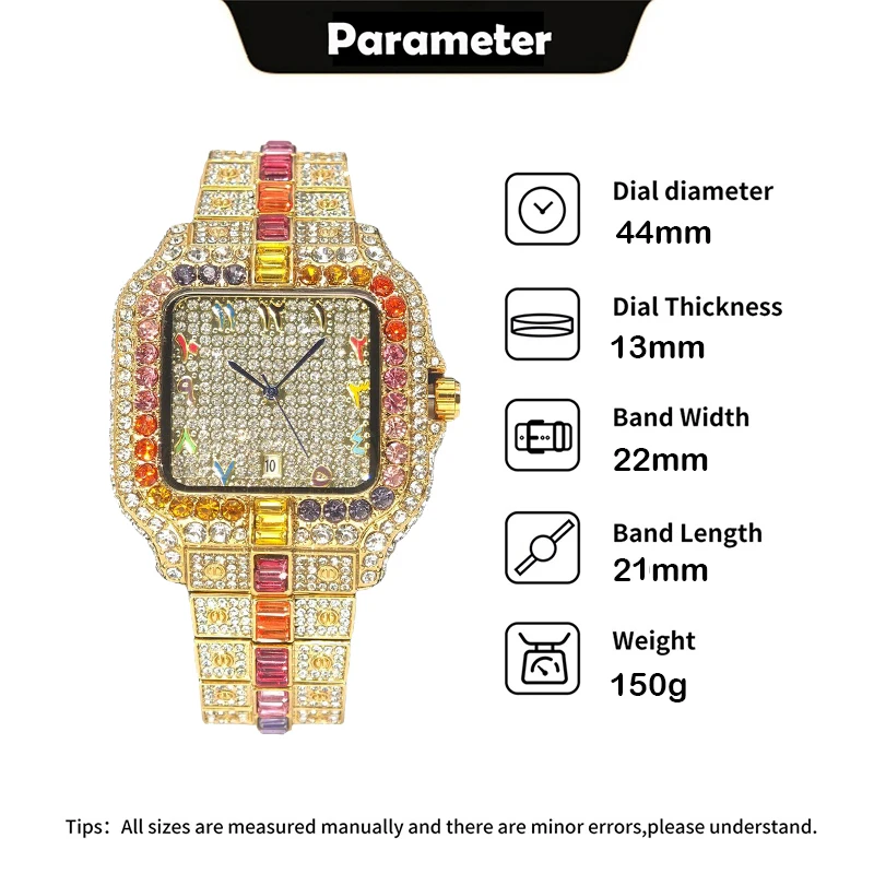 UNIGUET Hip Hop Rainbow Watch For Men Luxury Full Diamond Square Clock Man Fashion Iced Out Bling Wristwatch Hot Sale