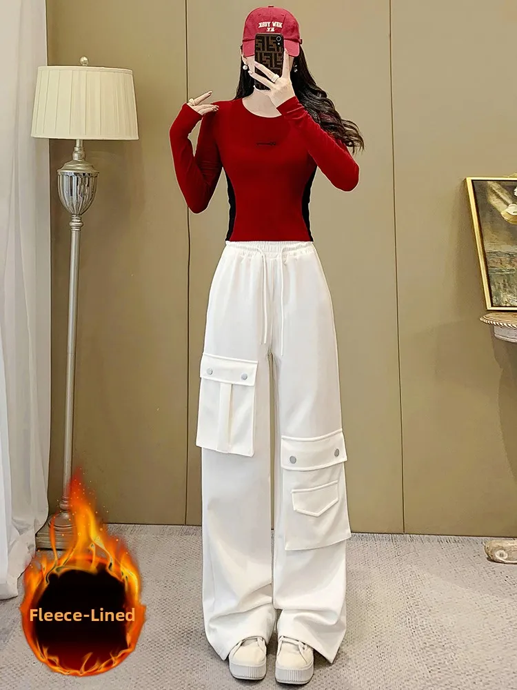 

Women's Fitness Casual Sports Set Fleece Lined High Waist Wide Leg Pants Slimming Top Two Piece Set Comfortable Winter Outfit