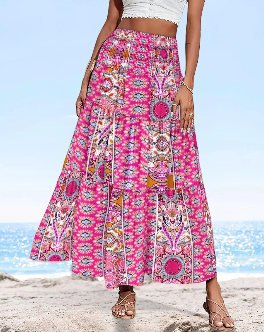 Summer Women's Skirt High Waist Elastic Waist Two-wearing Flower Print Black Vacation Party Beach Skirt