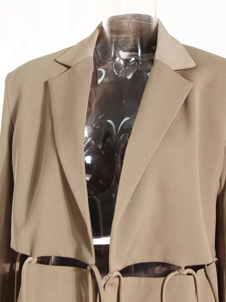 Frauen Khaki Bandage Aushöhlen Casual Blazer Neue Revers Lange Hülse Lose Fit Jacke Mode Frühling Herbst 2024 1DE9965