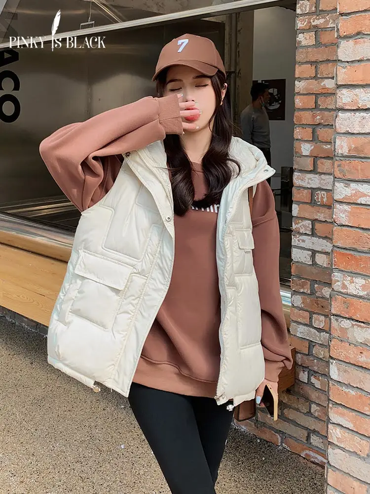 PinkyIsBlack – gilet à capuche rembourré pour femme, veste courte, poches, vêtements d\'extérieur, à la mode, mat, brillant, hiver