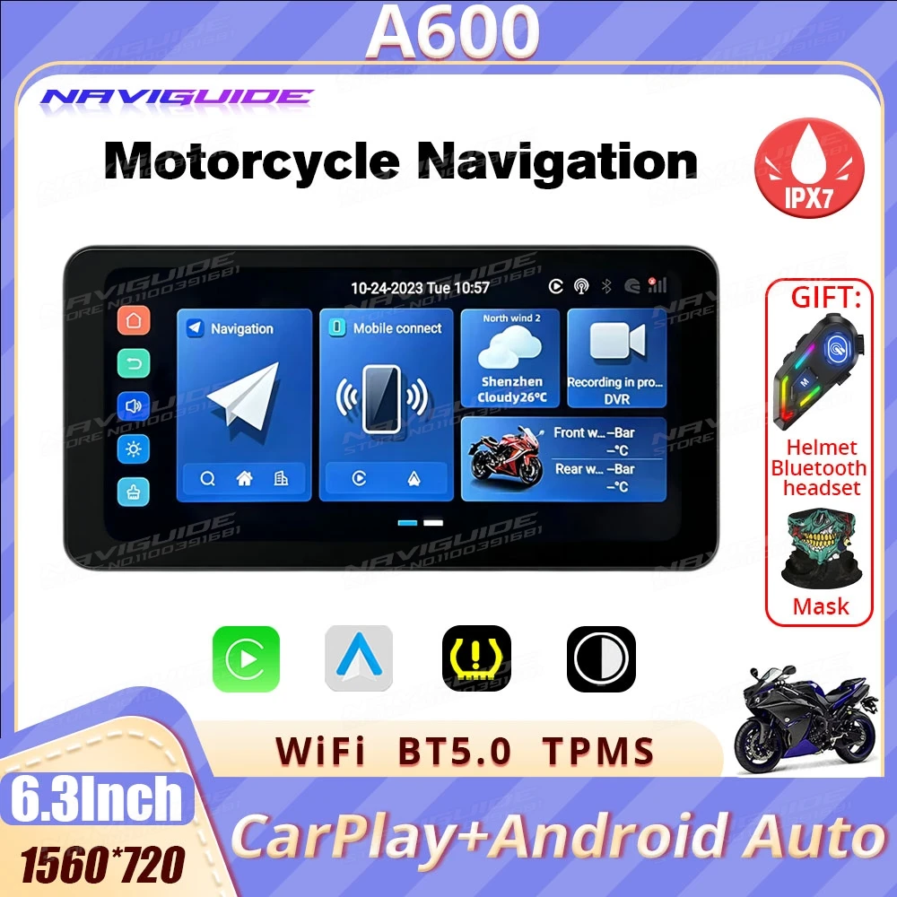 

NAVIGUIDE A600 6,3 ''Android 12 carplay мотоцикл Беспроводной CarPlay и Android Авто Портативный Moto ЖК-дисплей IPX7 WiFi 1560*720 BT