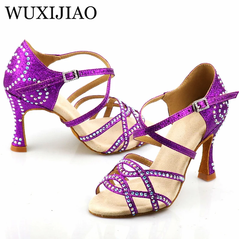 WUXIJIAO 핫 블루 퍼플 플래시 원단 여성용 라틴 댄스 슈즈, 볼룸 댄스 슈즈, 파티 스퀘어 댄스 슈즈, 소프트 힐, 7.5cm