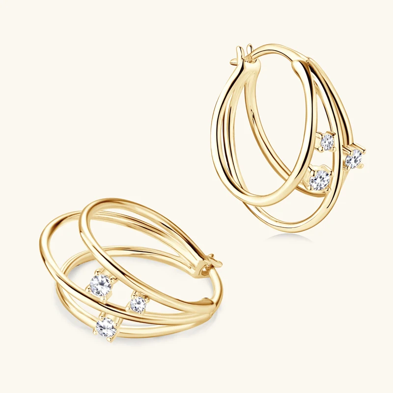 Anziw Original Split Three Hoop Earrings 0.15cttw Moissanite Clip Earring Yellow Gold Silver 925 Jewelry for Women Gifts Wedding