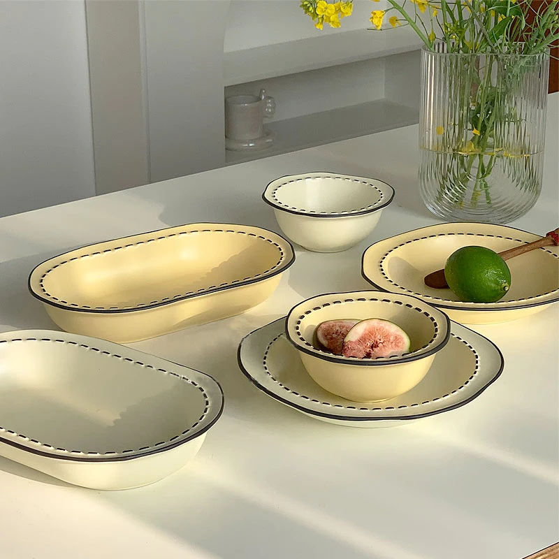 

Japanese Mulanxi Cream Cartoon Ceramic Tableware Set Irregular Rice Bowl Soup Plate Household Dish Stripe Dinner