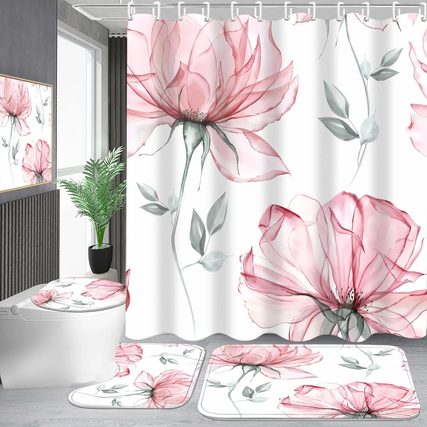 

4-Piece Pink Flowers Shower Curtain Set Floral Leaves Bathroom Set with Shower Curtain and Rugs, Pink White Minimalist Bath Curt