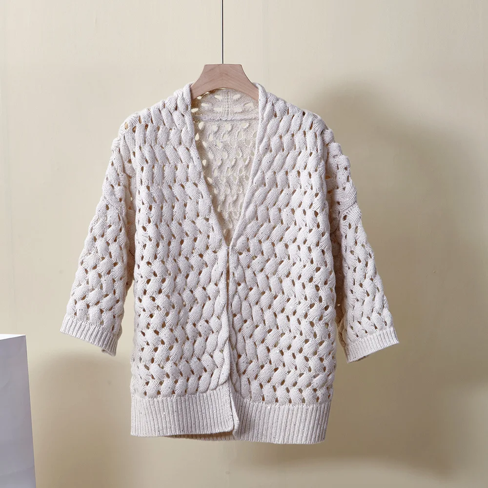 Women's 2026 Autumn Winter New 100%Wool V-neck Openwork Knit Cardigan Crochet Loose Coat