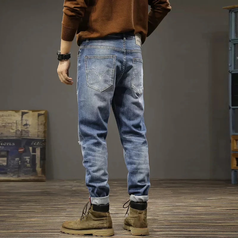 Italian Style Fashion Men Jeans Retro Blue High Quality Elastic Slim Fit Ripped Jeans Men Trousers Vintage Designer Pants Hombre
