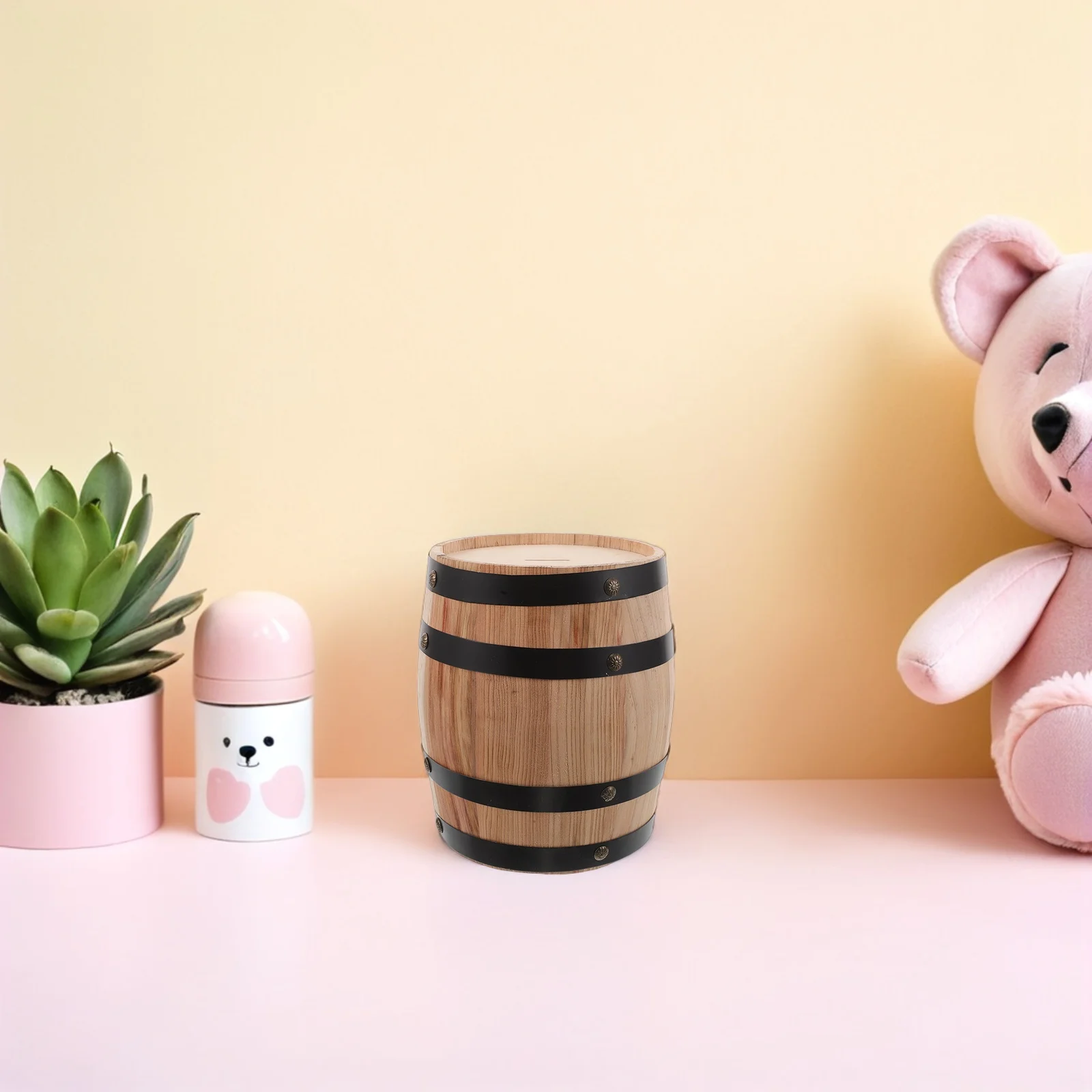 

Large Wooden Barrel Coin Bank Rustic Oak Money Saving Jar Creative Only Deposit Function for Kids Rooms Studies