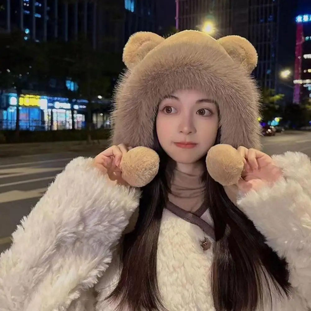 Solid Color Women Hat Women Plush Hat Soft Fuzzy Women's Plush Hat with Bear Ears Pompoms Strap Windproof Warm for Autumn