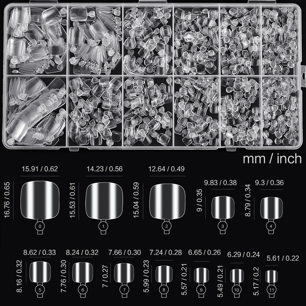 240개 정사각형 짧은 투명 소프트 젤 발가락 네일 팁 네일 연장용 미리 모양이 잡힌 광택 풀 커버 네일 팁 11가지 크기 *^