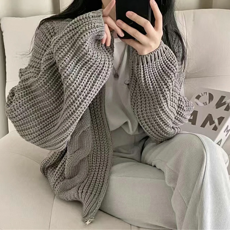 HELIAR Women Zipper Rib Loose Cardigan Coat Lantern Sleeve Knit Warm Sweater Coat Solid Casual Office Jacket Women Fall Winter