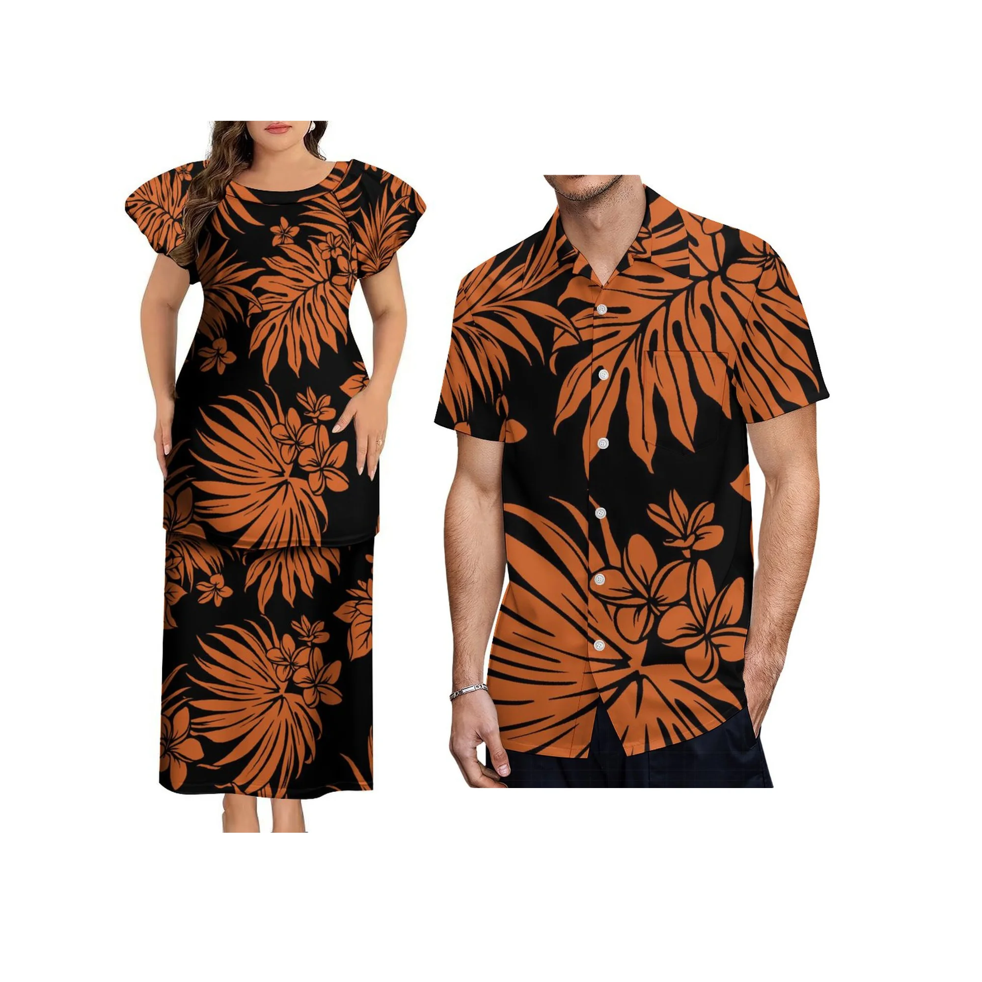 High Quality Custom Logo Women Dress Tonga Samoan Puletasi Set Crew Neck Puff Sleeve Party Dress Two Piece Set Outfits