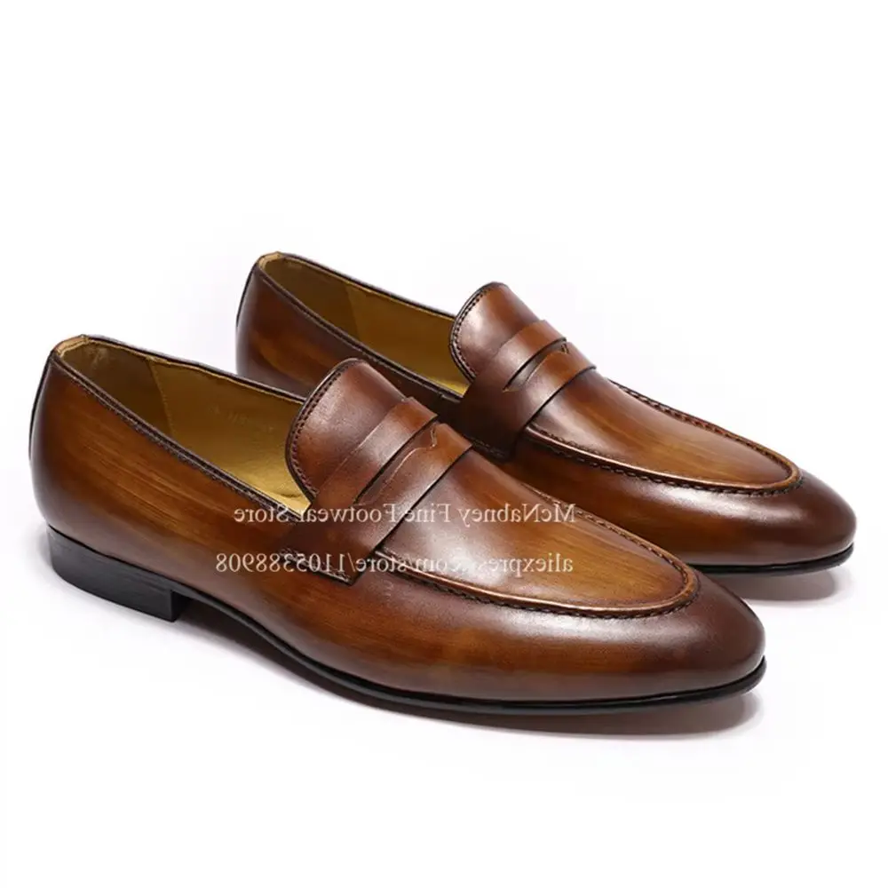

Brown Burnished Penny Strap Loafer Men Slip on Round Toe Casual Shoes Business Formal Wedding Dress Shoes for Men Plus Size