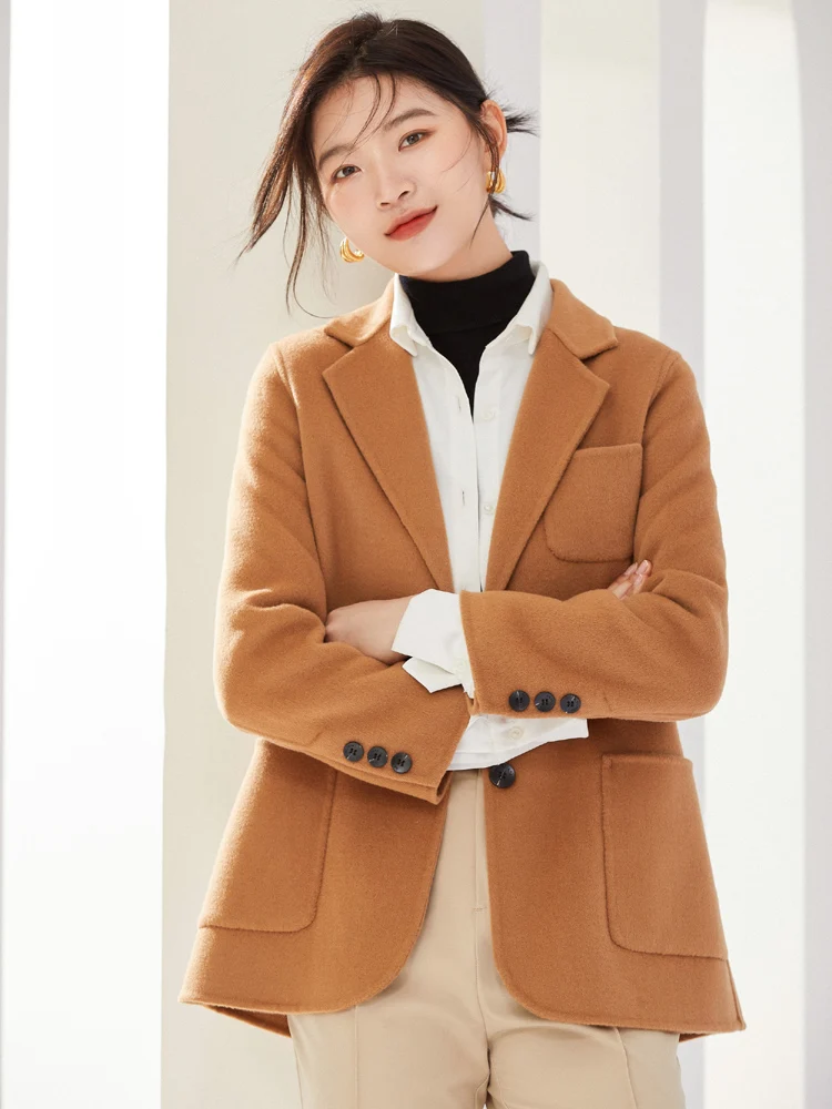 Manteau double face en cachemire pour femmes, manteau court en pure laine 100%, cardigan épais, petit col, neuf, automne et hiver