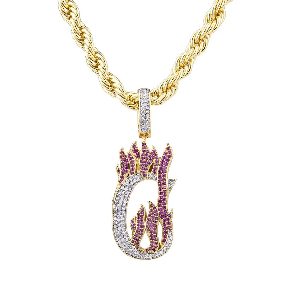 VANAXIN Hip Hop Letter C Pendant Necklace Iced Out Cubic Zirconia Flame Design 18k Gold Plated Rope Chain Men's Jewelry