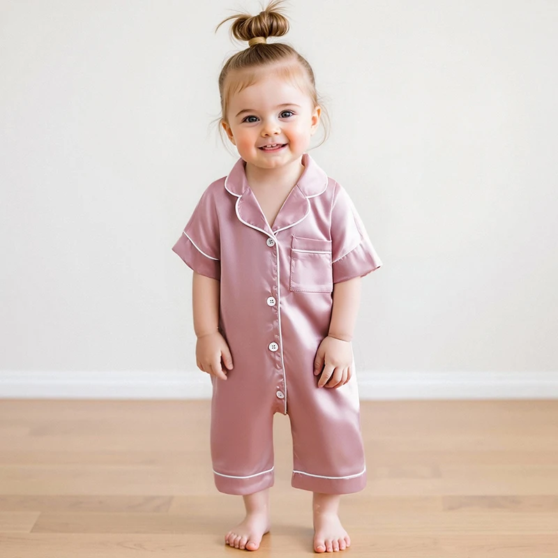 Blotona Piyama Satin Bayi Laki-laki Perempuan Jumpsuit Warna Polos Berkancing Lengan Pendek Pakaian Tidur Balita Lucu
