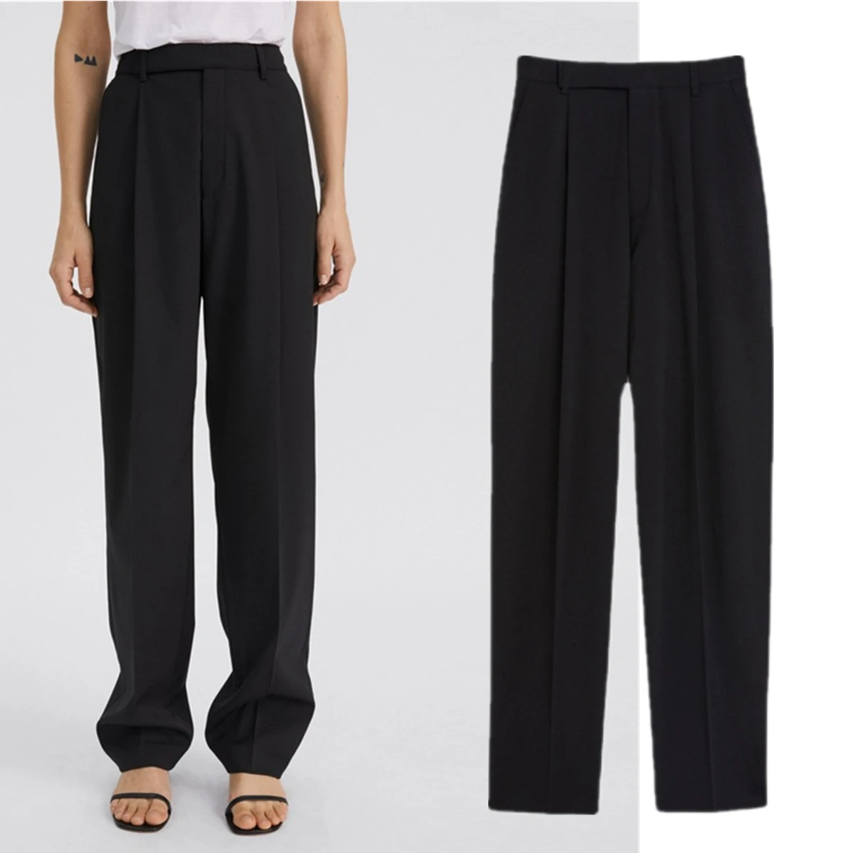

Maxdutti French Black Elegant Minimalist Casual Pants Suit Pants Women 2026 Spring High Waisted Straight Leg Pants Wool Pants
