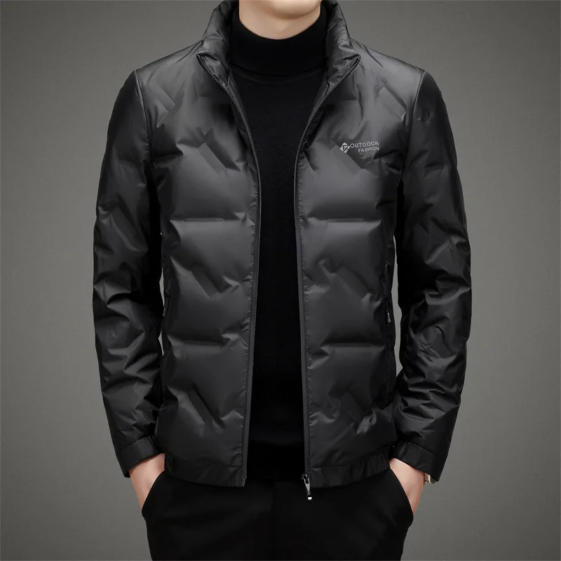 

Men's Short Standing Collar Solid Color Winter Warm and Glossy Business Casual Down Jacket