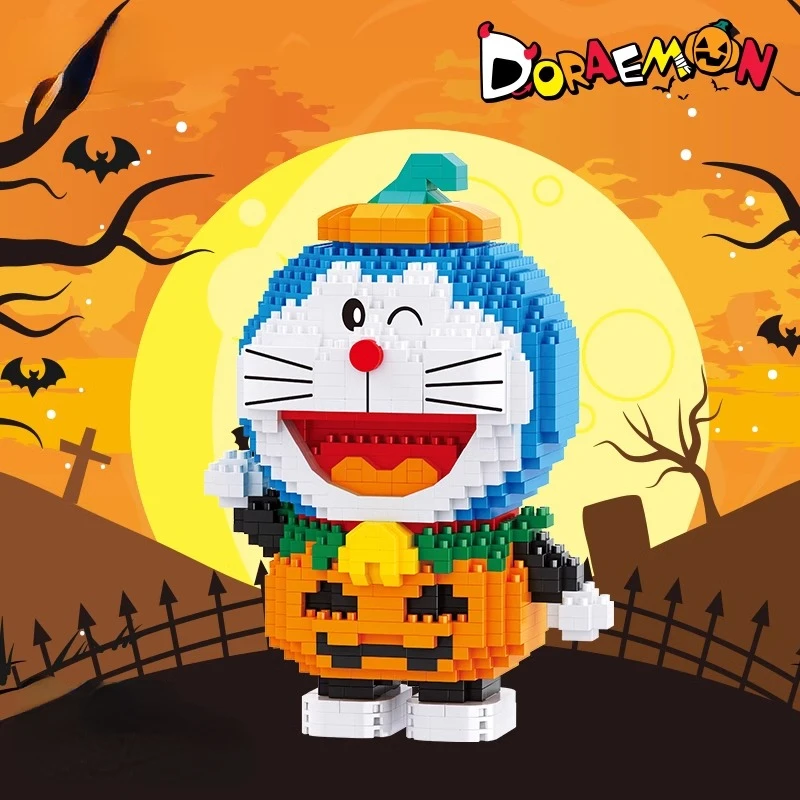 Doraemon Halloween Magician Pumpkin Man Street Scene Building Blocks Children's Assembly Toy Model Ornaments Holiday Gift