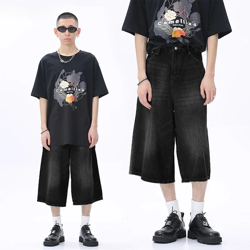 Retro Black Whiskers Denim Shorts Men Distressed Frayed Baggy Jorts Casual Wide Leg Short Pants Hiphop Y2k Streetwear