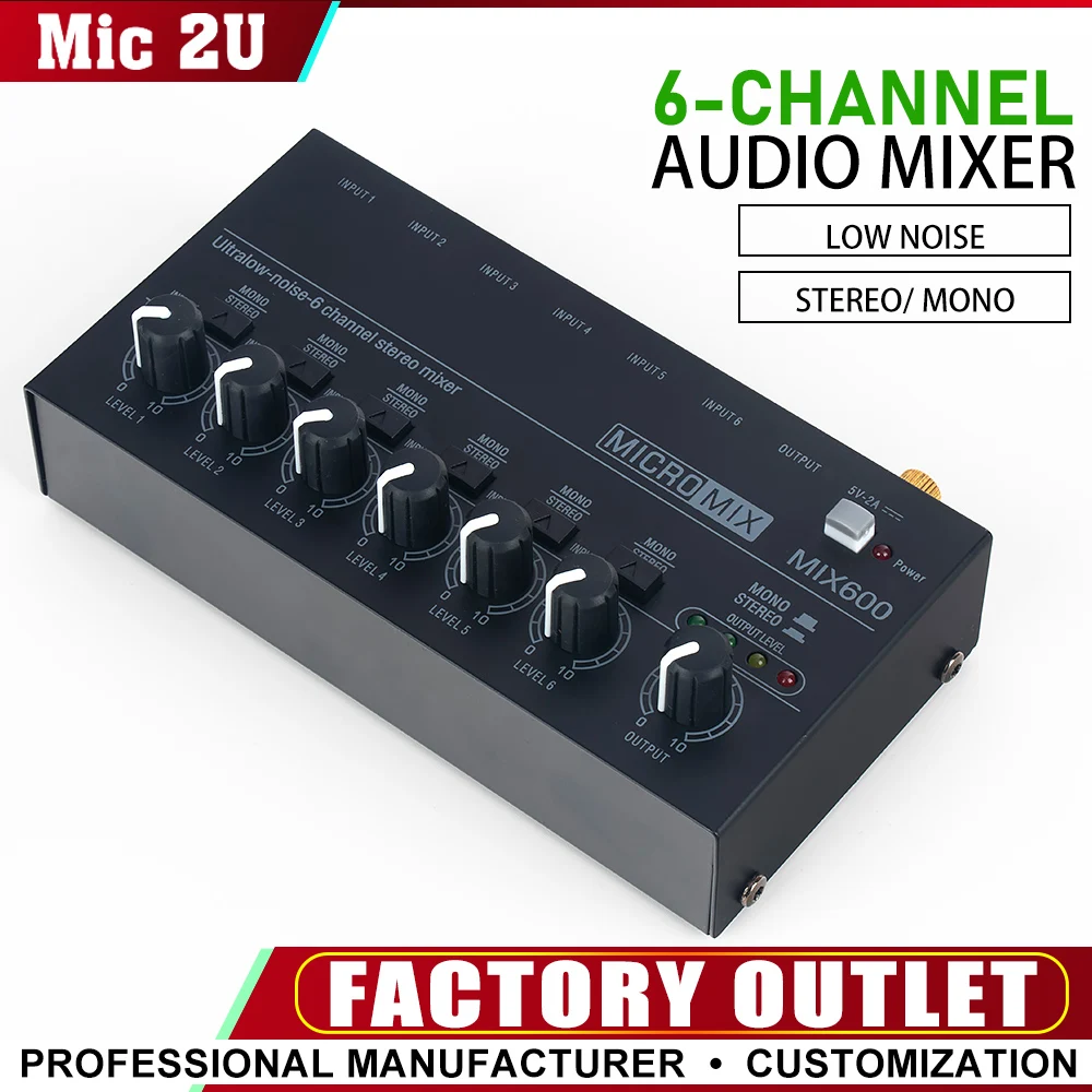 

Звуковой микшер Сверхнизкий уровень шума Стереолинейный микшер Мини-профессиональный звуковой микшер Источник питания 5 В постоянного тока Простота в эксплуатации 6-канальный микшер
