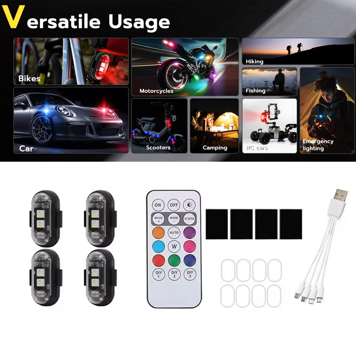 Wireless Strobe Warning Light 8Colors Remote Control LED Anti‑collision Flash Lamp Waterproof For Car Motor Safety Warning Light