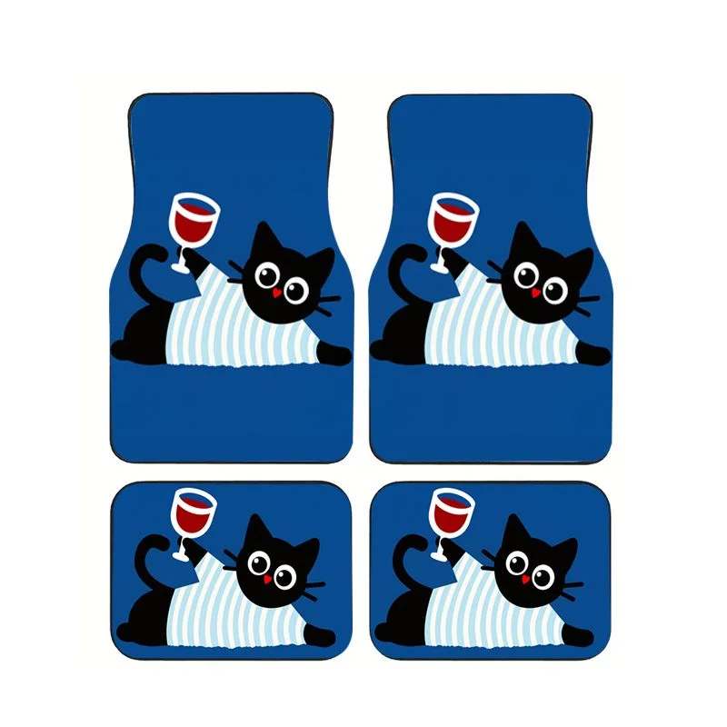 

4Pcs Black Cat With Wine Print Car Floor Mats Non-Slip Waterproof Universal Foot Pads for Auto Interior Protective Accessories