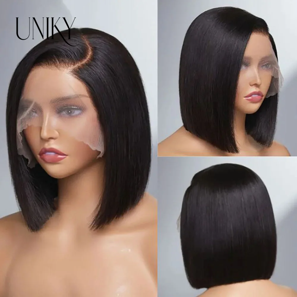 

Glueless Short Bob Human Hair Wig Brazilian T Part side part Straight Lace Front Wig For Women Brazilian 150Density 8-16 inches