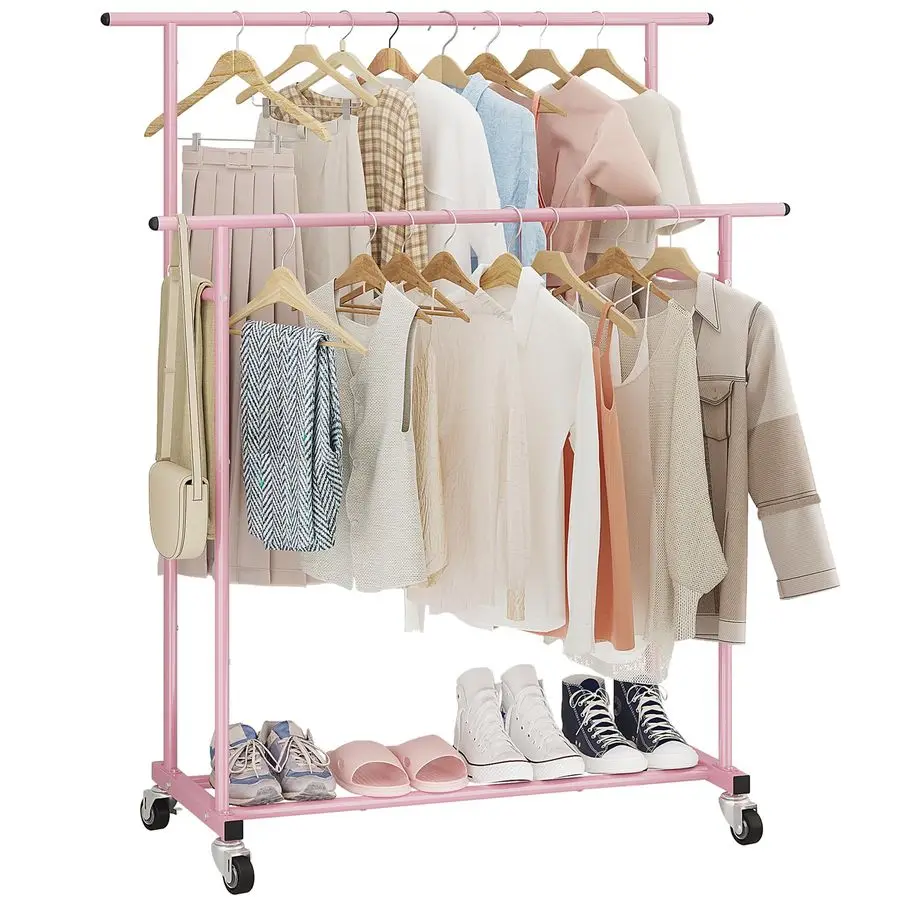 

Double Rod Clothing Garment Rack,Rolling Hanging Clothes Rack,Portable Clothes Organizer for Bedroom,Living Room,Clothing Store,