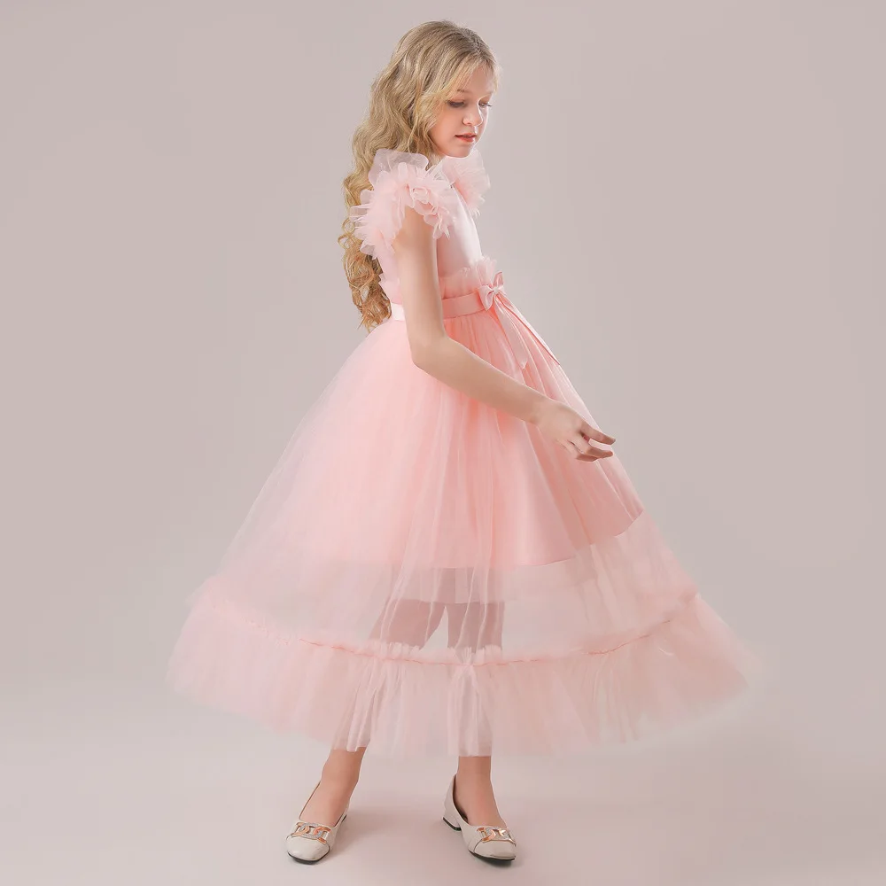 Girls Party Dresses 120cm-170cm Wedding Ball Gown Piano Show Children Dress Long Princess Skirt Pink Birthday