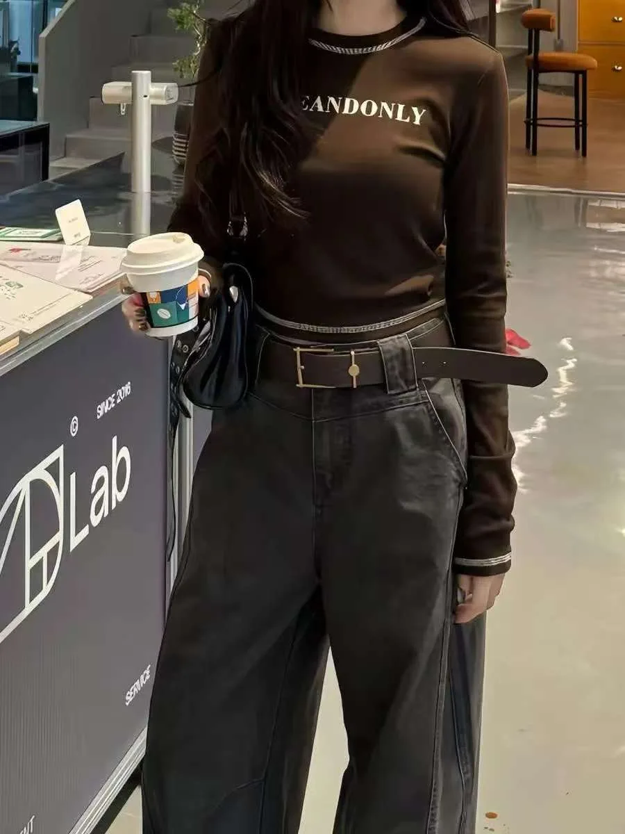 Y2K Wide Leg Jeans Women American Retro Pocket Loose Straight Leg Mop Pants Spicy Girl Autumn