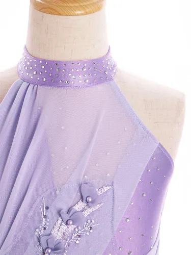 Imagen 2 del producto Vestido de baile lírico para niña, leotardo de gimnasia, patinaje artístico, traje de actuación en escenario, falda de baile de tul de malla con apliques