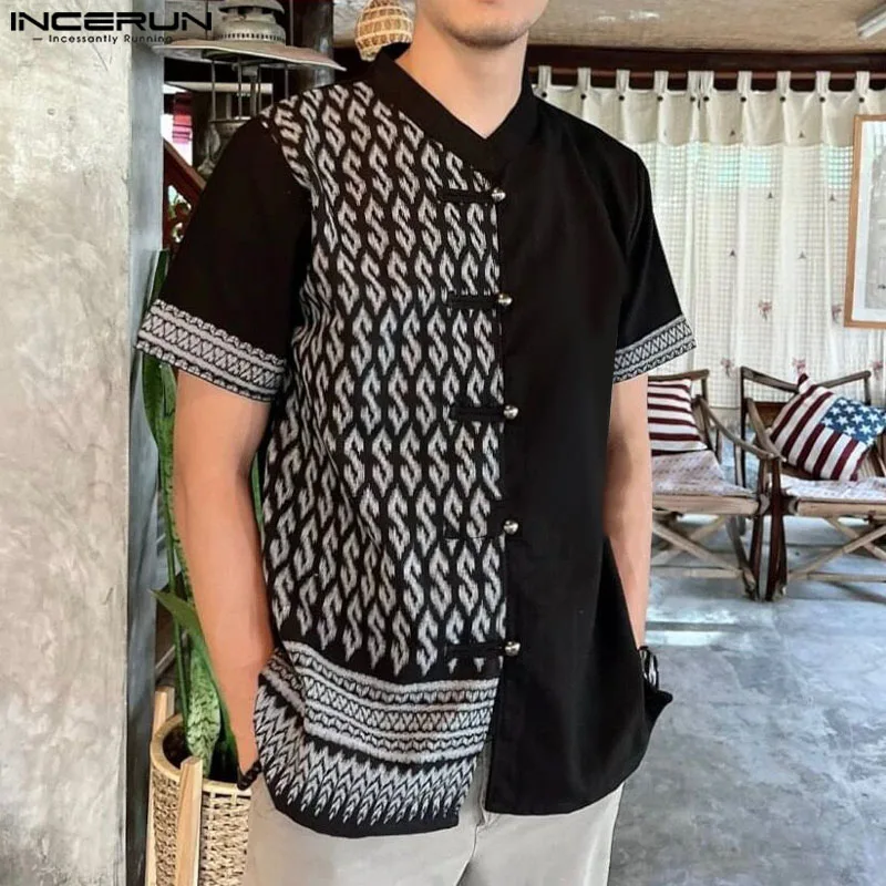 

INCERUN Summer Tops 2024 Ethnic Style Men's Patchwork Traditional Printed Shirts Casual Stylish Male Short Sleeved Shirts S-5XL