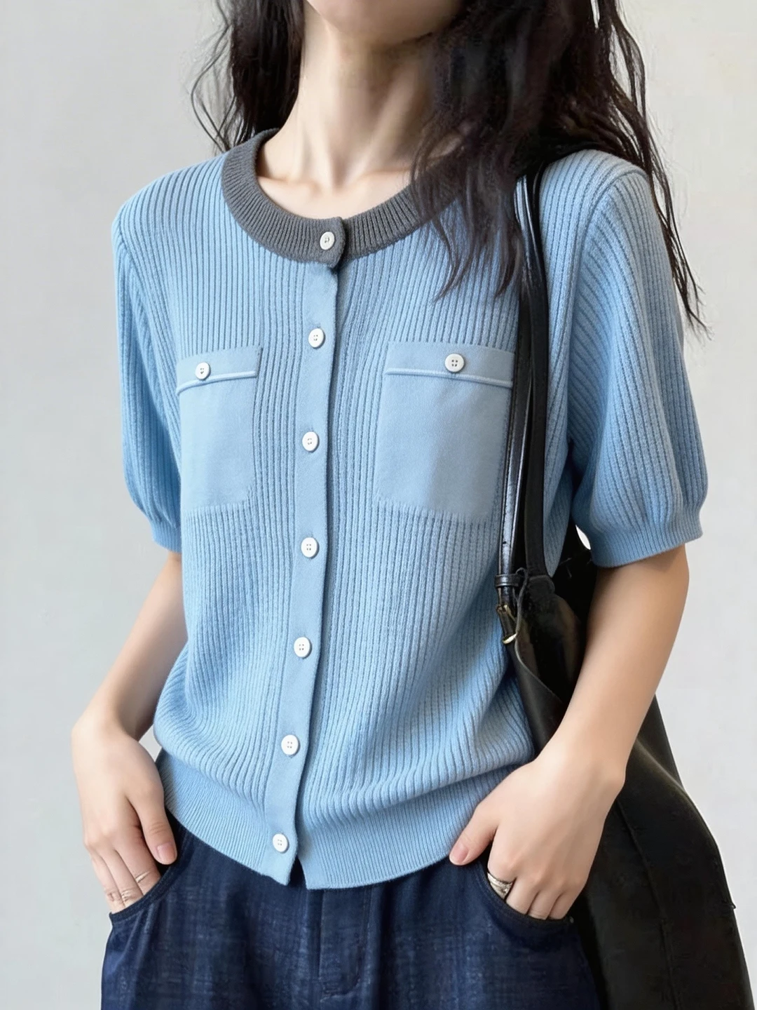 

Blue Short Sleeve Knitted Top Women's Casual Loose Fit Summer Fashion plus Size Comfortable High-End Feeling Korean Style