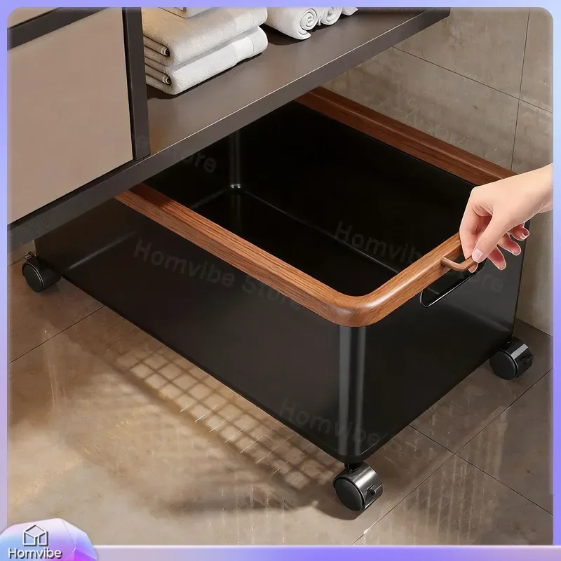Under Bathroom Cabinet Rack with Wheels Removable Laundry Basket for Toilet Detergent Toiletries Storage Organizer Shelf