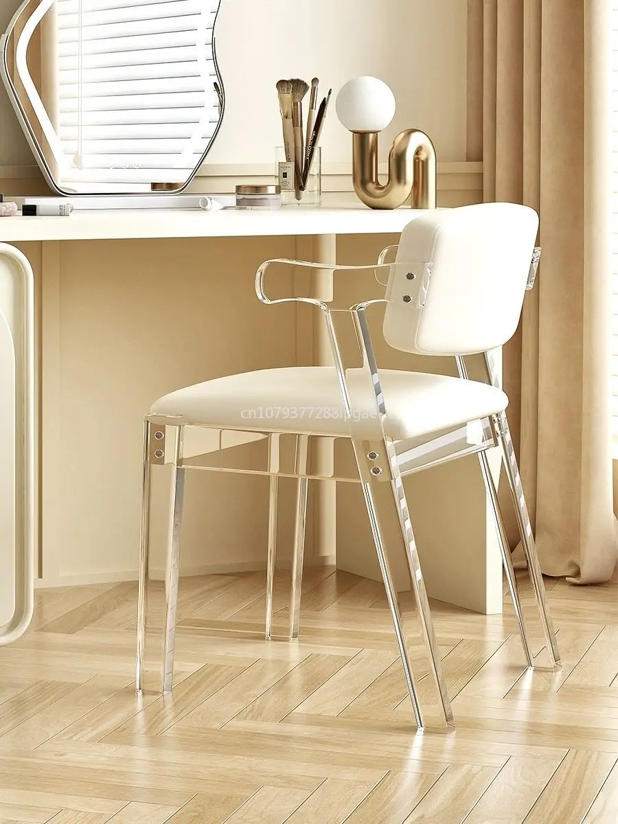 Creamy Style Comfortable Transparent Chair Acrylic Modern Backrest Makeup Stool Simple Home Dining Room Furniture with Armrests