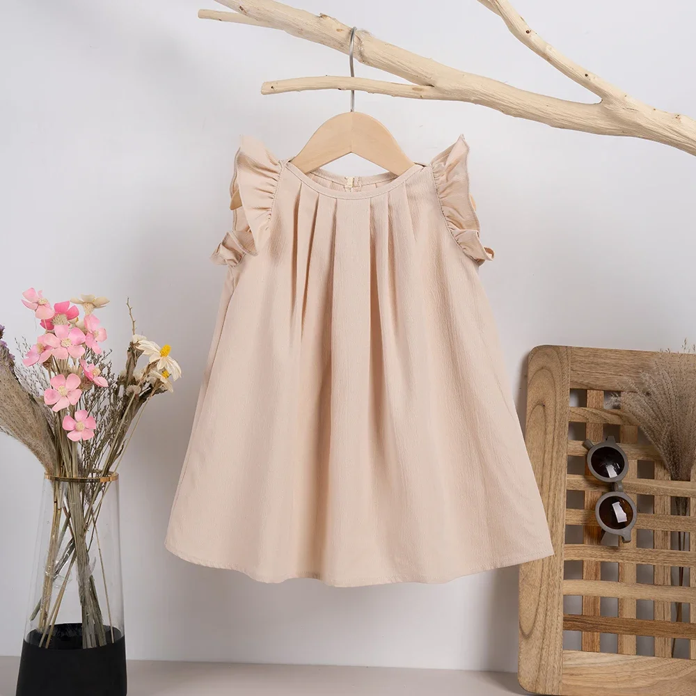 Summer Cute Ruffle Sleeve Baby Girl Dress Solid Color A-Line Princess Dress Toddler Girl Daily Clothing 0-6Y