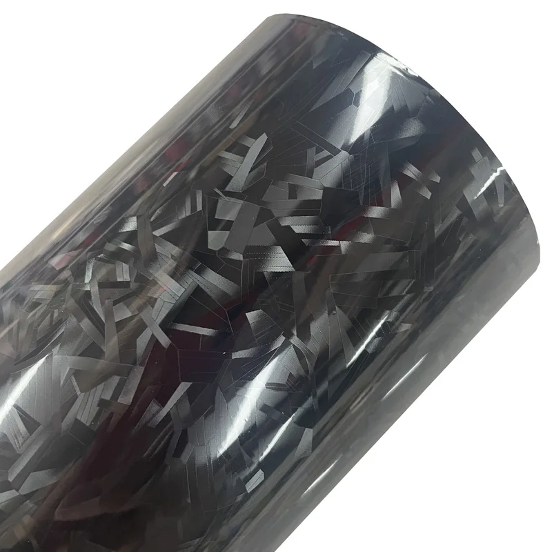 PET Glänzende Schwarze Geschmiedete Carbon-Vinylfolie mit Luftkanälen Blasenfreie DIY Selbstklebende Aufkleberfolie für Fahrzeugfolierung