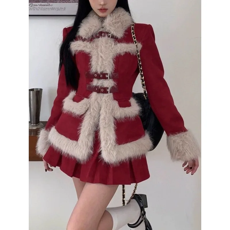 

Christmas Japanese Vintage Red Design Sweet New 2 Pieces Set Aesthetic Warm Coat Mini Pleated Skirt Lady Party Fashion Suit