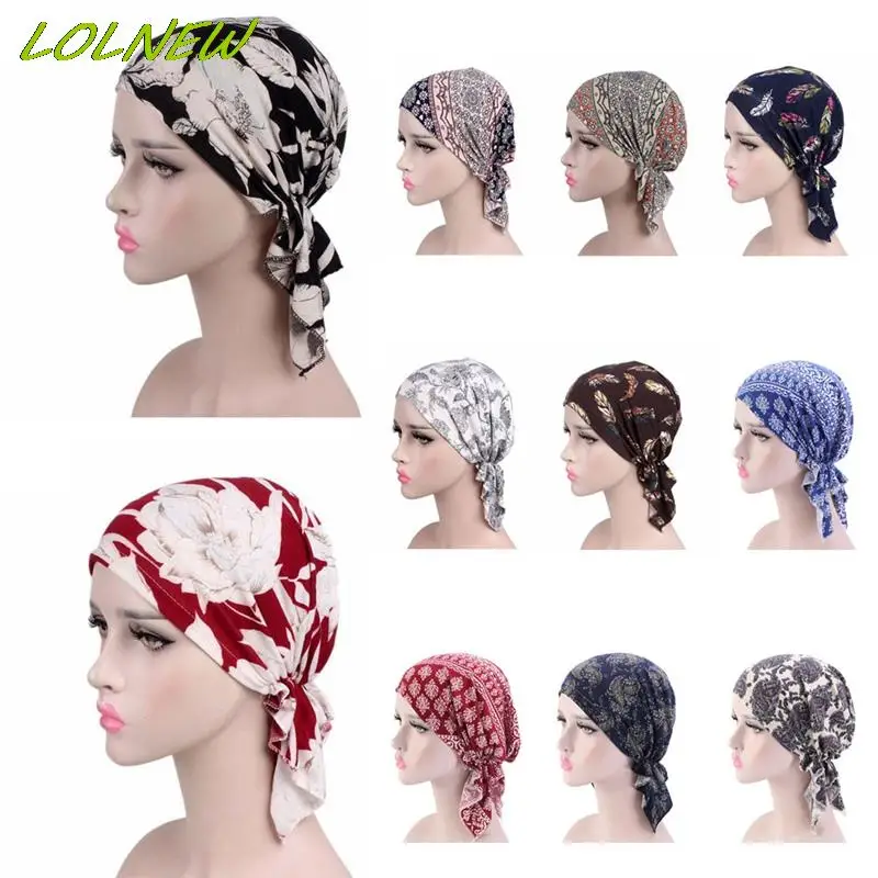 

Pre-tie Style Spring Summer Brand Skullies Beanies Women Turban Chemotherapy Cap New Stretch Cotton Printing CHEMO CAP