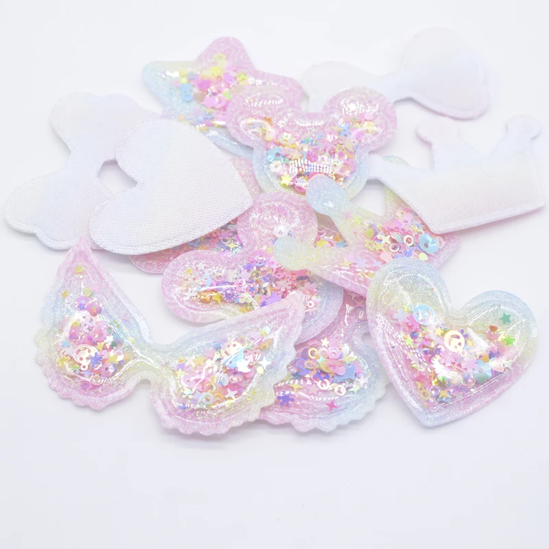 12Pcs Colorful Star Heart Crown Mouse Head Bow Wing Sequins Appliques for DIY Girl Headwear Clips Bow Pendant Decor Accessories