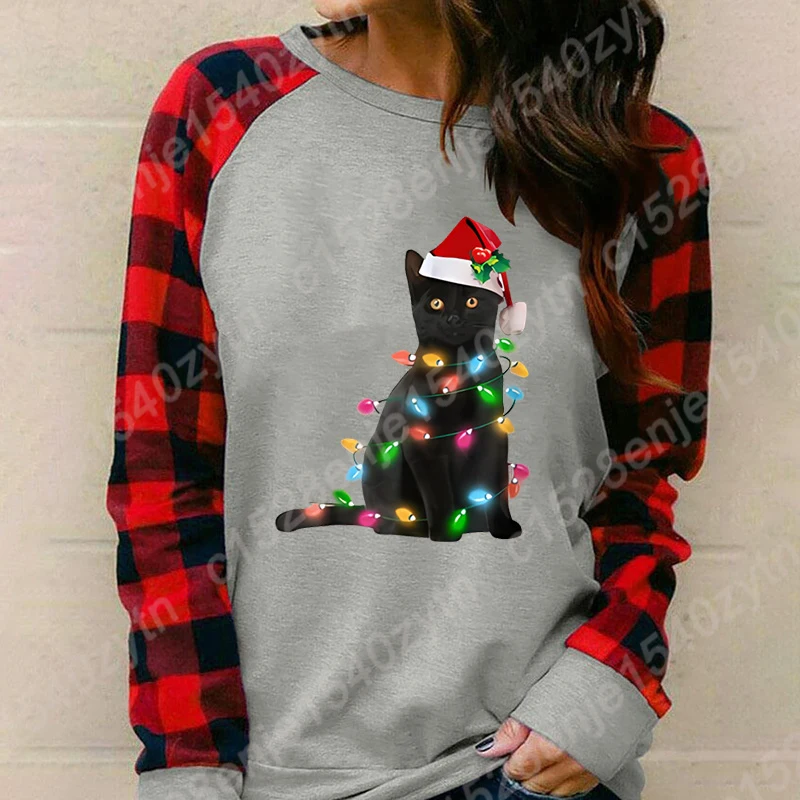 Fashion Clothes Women Long Sleeve Pullover Christmas Black Cat Christmas Light Sweatshirts Ladies T Shirts O-neck Loose T-shirts