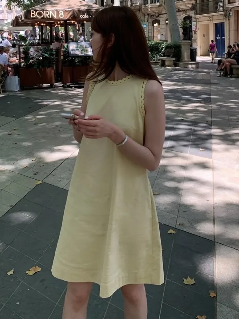 

Summer New Women's Decorative Vest Dr A-Line Skirt Hollow out Lace Trim Splice Sle Commute Fabric Other 00%