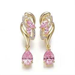 Huitan Trendy Pink Cubic Zircon Dangle Earrings for Women Gold Color Luxury Wedding Accessories Temperament Elegant Lady Jewelry