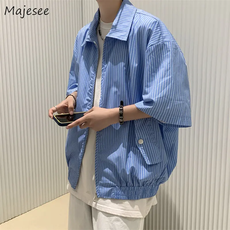 

Striped Shirts Men Teens Designer Vintage American Harajuku Handsome Trendy Zip-Up Clothes Cool Preppy Streetwear Рубашки Baggy