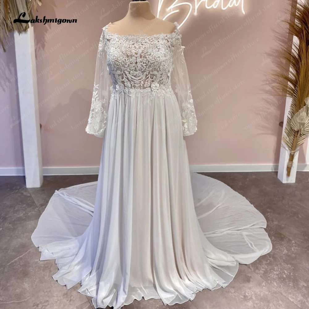 Lakshmigown Boot Hals Chiffon Strand Trouwjurken A-Lijn 2023 Lange Mouwen Kant Appliqueert Sexy Bruidsjurken Gewaad Mariage